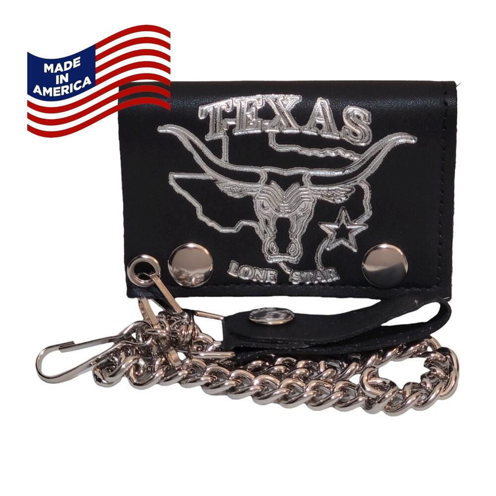 Mens Leather Trifold Wallet TEXAS LONE STAR LONGHORN Biker Chain NWT Made in USA